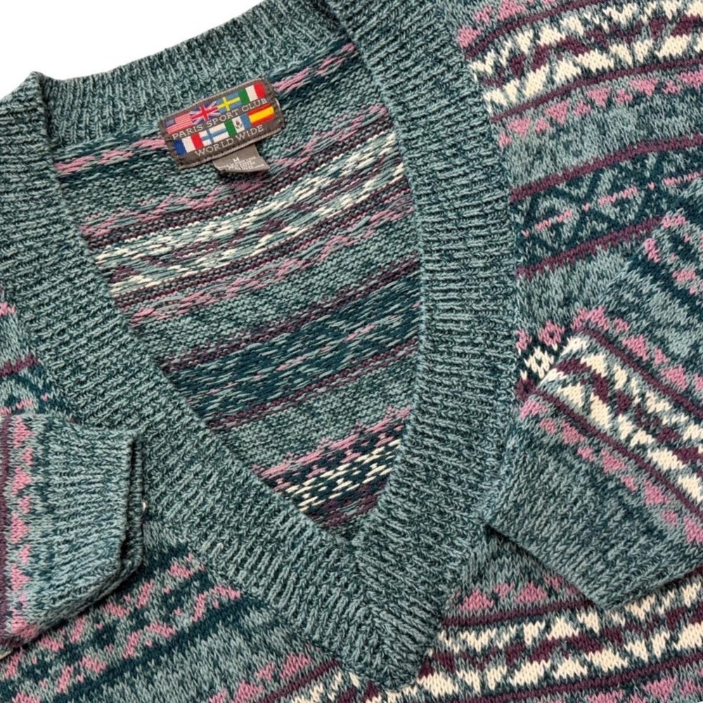 Paris Sport Club Medium Vintage Fair Isle‎ Sweater Teal Purple Pink White